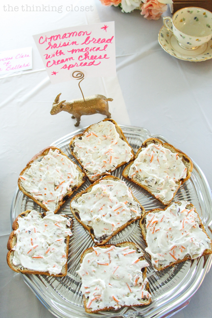 How to host an "Anne of Green Gables" or "Anne with an E" themed birthday party with food, decor, activities, and games for the whole family! | Open-faced cream cheese sandwiches perfect for an afternoon tea party!