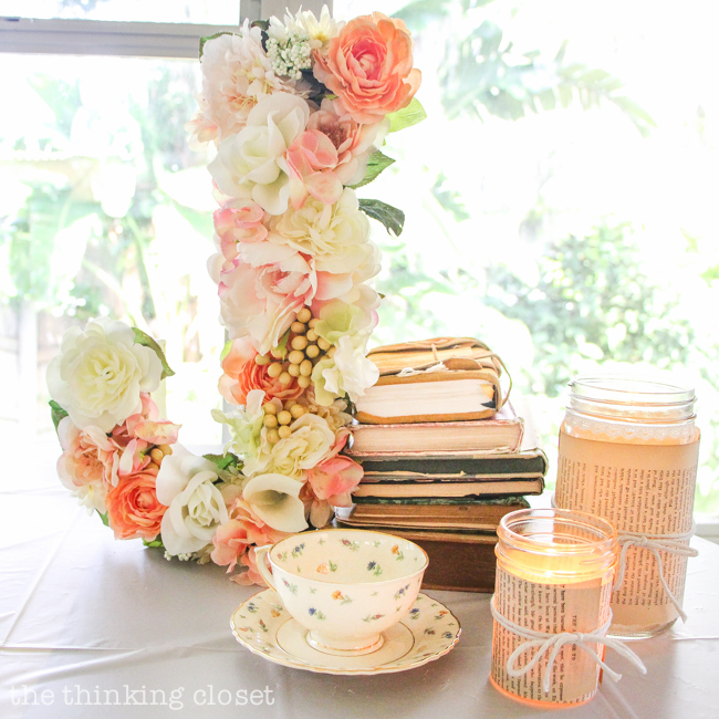 How to host an "Anne of Green Gables" or "Anne with an E" themed birthday party with food, decor, activities, and games for the whole family! | Floral Monogram Letter, Stack of Books, DIY Book Page Mason Jar Candle Holders, and a Vintage Tea Cup = instant Anne-inspired decor!