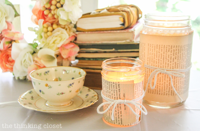 How to host an "Anne of Green Gables" or "Anne with an E" themed birthday party with food, decor, activities, and games for the whole family! | Floral Monogram Letter, Stack of Books, DIY Book Page Mason Jar Candle Holders, and a Vintage Tea Cup = instant Anne-inspired decor!