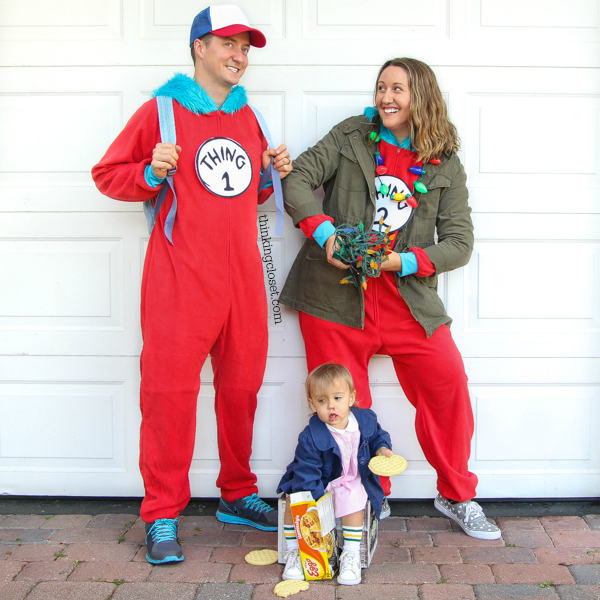 "Stranger Things" & "Eleven" Punny Halloween Costume for a Family of 3 with a baby or toddler! Here's the inside scoop for how we pulled together our creative punny Halloween costumes featuring 011, Dustin, & Joyce Byers...including a D.I.Y. tutorial for making Eleven's iconic tube socks in baby size. Also, check out our punny Halloween costumes from the past 5 years! So many great last-minute costumes in this mix.