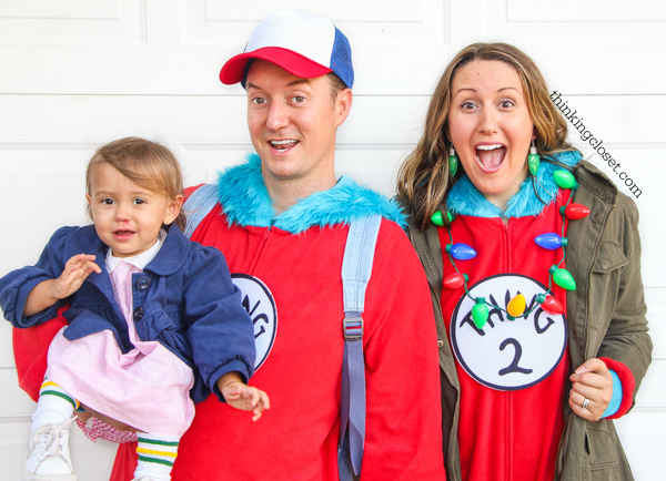 "Stranger Things" & "Eleven" Punny Halloween Costume for a Family of 3 with a baby or toddler! Here's the inside scoop for how we pulled together our creative punny Halloween costumes featuring 011, Dustin, & Joyce Byers...including a D.I.Y. tutorial for making Eleven's iconic tube socks in baby size. Also, check out our punny Halloween costumes from the past 5 years! So many great last-minute costumes in this mix.