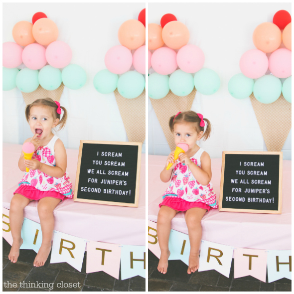 Love this Ice Cream Themed Birthday Party Inspiration! DIY party ideas from Juniper's 2nd Birthday Celebration. Inexpensive and do-able ideas you can pull of in the last minute! From backdrops to lawn decor to favors to letter-board quotes!