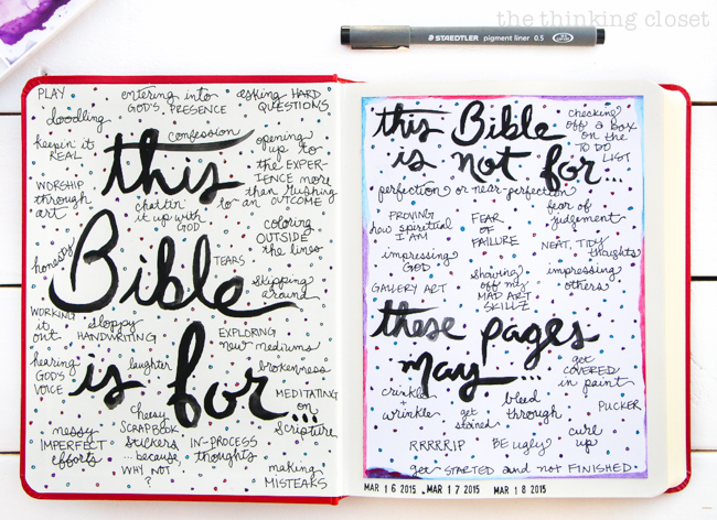 Permission Pages: Journaling Bible Process Video | Here's a glimpse at the original permission pages, which inspired the NEW Permission Pages Digital Devotional Kit by Lauren Lanker! Designed to support you in creating your own set of permission pages where you can boldly declare what "This Bible is for" (asking questions and making mistakes) and what "This Bible is not for" (proving my worth or giving in to fear). Be inspired!