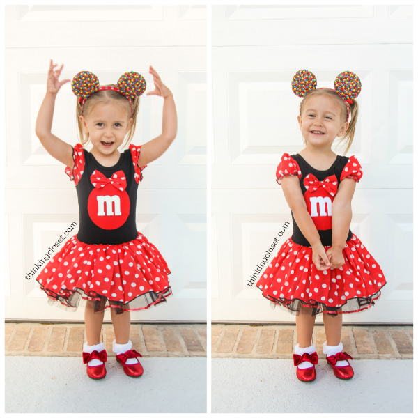 "Minnie M & M" Punny Halloween Costume Idea for a little girl, toddler, or baby...plus Disney-themed punny Halloween costumes for the parents! Check out the full post for the whole knee-slapping run-down!