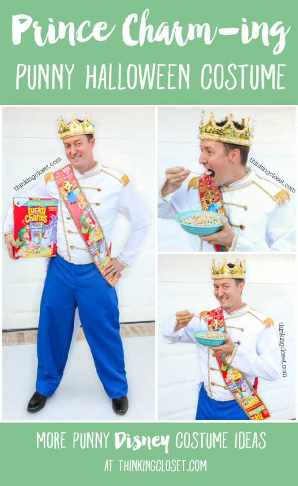 "Prince Charming" or rather "Prince CHARM-ing" Punny Halloween Costume...just one of three clever Disney-themed Punny Halloween Costume ideas for the pun-loving family of three! Check out the post for the full DIY run-down on this creative costume and sneak a peek at Taco Belle and Minnie M&M!