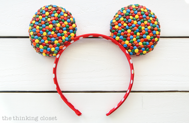How to create mouse ears covered in mini M&Ms (without using ACTUAL chocolate candy) for a "Minnie M&M" Punny Halloween Costume!