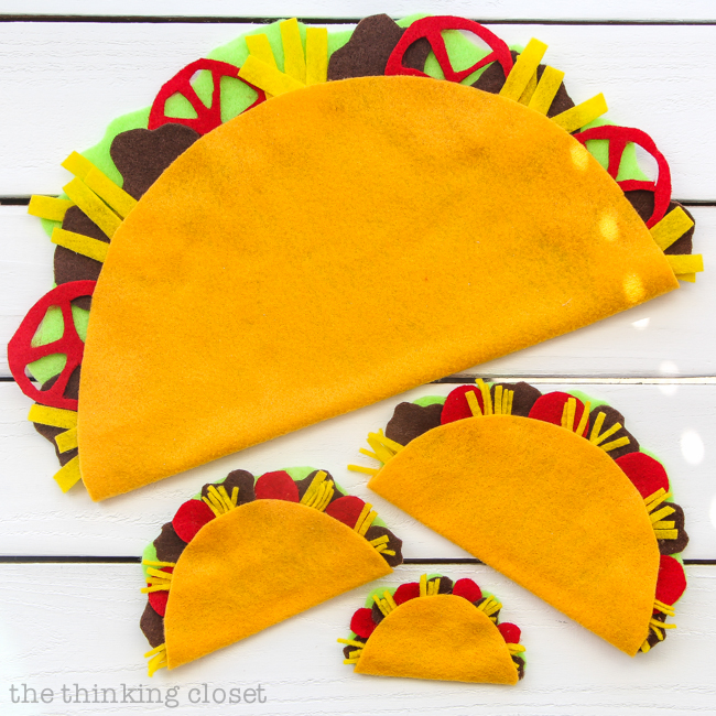 How to create felt tacos for a "Taco Belle" punny Halloween Costume! Step by step tutorial at thinkingcloset.com!