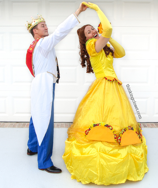Disney-Themed Punny Halloween Costume Ideas for a Couple! Introducing "Taco Belle" and her "Prince Charm-ing!" Check out the post for a creative way to add in a child as a "Minnie M&M!" Disney-food mash-up costumes for the win!
