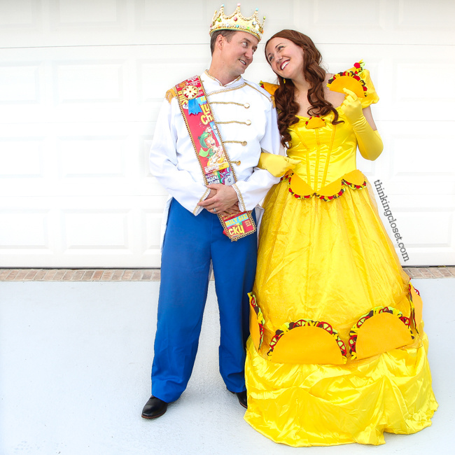Disney-Themed Punny Halloween Costume Ideas for a Couple! Introducing "Taco Belle" and her "Prince Charm-ing!" Check out the post for a creative way to add in a child as a "Minnie M&M!" Disney-food mash-up costumes for the win!