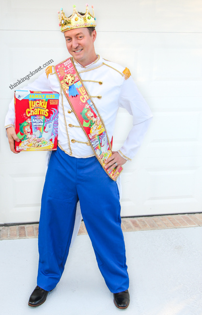 "Prince Charming" or rather "Prince CHARM-ing" Punny Halloween Costume...just one of three clever Disney-themed Punny Halloween Costume ideas for the pun-loving family of three! Check out the post for the full DIY run-down on this creative costume and sneak a peek at Taco Belle and Minnie M&M!