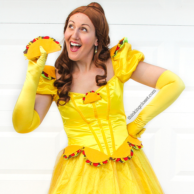 "Taco Belle" Punny Halloween Costume...just one of three clever Disney-themed Punny Halloween Costume ideas for the pun-loving family of three! Check out the post for the full DIY run-down on this creative costume and sneak a peek at Prince Charm-ing and Minnie M&M!