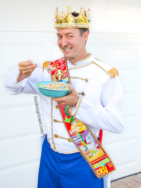 "Prince Charming" or rather "Prince CHARM-ing" Punny Halloween Costume...just one of three clever Disney-themed Punny Halloween Costume ideas for the pun-loving family of three! Check out the post for the full DIY run-down on this creative costume and sneak a peek at Taco Belle and Minnie M&M!