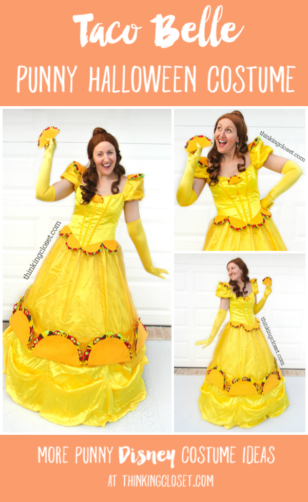 "Taco Belle" Punny Halloween Costume...just one of three clever Disney-themed Punny Halloween Costume ideas for the pun-loving family of three! Check out the post for the full DIY run-down on this creative costume and sneak a peek at Prince Charm-ing and Minnie M&M!