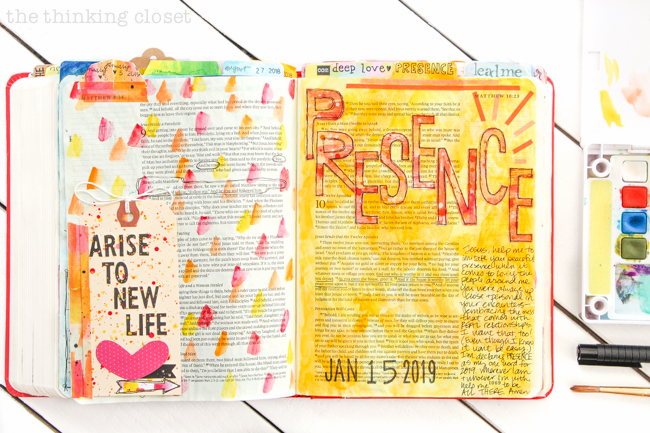 Here's a look at my latest Bible Journaling spread where I meditating on what to let go of...and what to take on in 2019! You can see more of my Bible pages using the hashtag #LaurensBiblePages on Instagram or checking out my videos on my YouTube channel, The Thinking Closet.