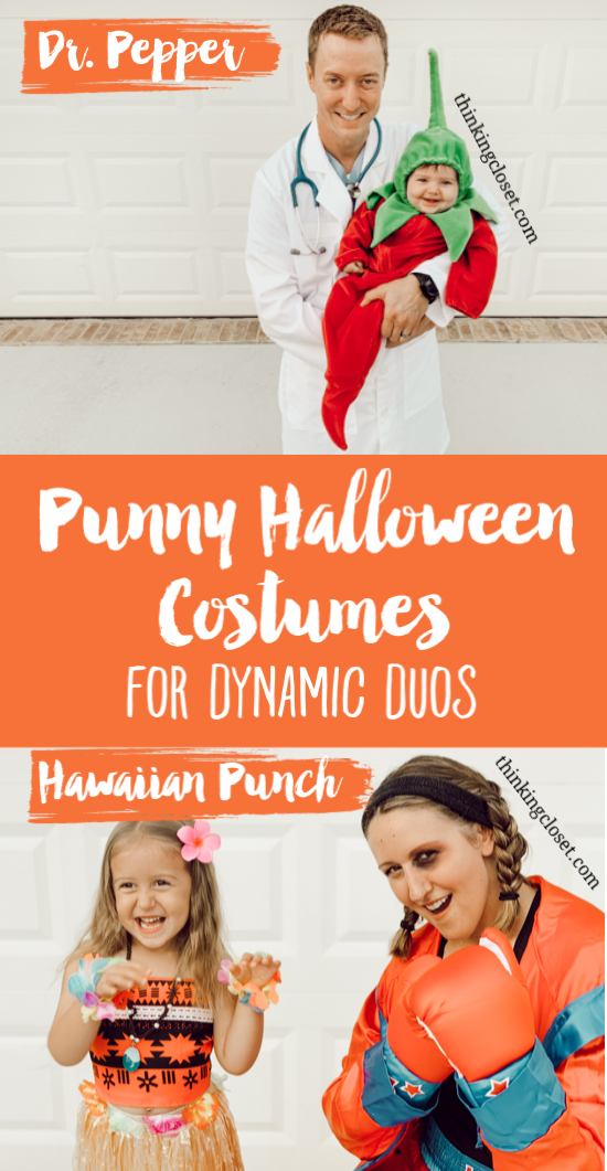 "Hawaiian Punch" & "Dr. Pepper" Punny Halloween Costumes! Great for a Dynamic Duo like a parent & baby or kid...or a couple! Here's the inside scoop on our 8th annual creative punny Halloween costumes...also, check out our punny Halloween costumes from the past 7 years! So many groan-worthy costume ideas.