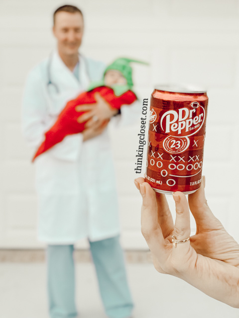 "Dr. Pepper" Punny Halloween Costume for a Dynamic Duo: great for a parent & baby or a couple! Here's the inside scoop on our 8th annual creative punny Halloween costumes...including our other duo, "Hawaiian Punch." Also, check out our punny Halloween costumes from the past 7 years! So many groan-worthy costume ideas.