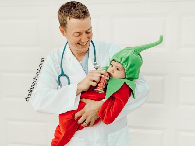 "Dr. Pepper" Punny Halloween Costume for a Dynamic Duo: great for a parent & baby or a couple! Here's the inside scoop on our 8th annual creative punny Halloween costumes...including our other duo, "Hawaiian Punch." Also, check out our punny Halloween costumes from the past 7 years! So many groan-worthy costume ideas.