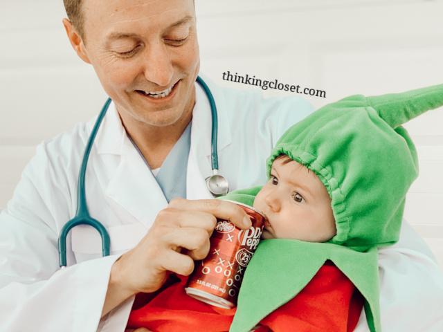 "Dr. Pepper" Punny Halloween Costume for a Dynamic Duo: great for a parent & baby or a couple! Here's the inside scoop on our 8th annual creative punny Halloween costumes...including our other duo, "Hawaiian Punch." Also, check out our punny Halloween costumes from the past 7 years! So many groan-worthy costume ideas.