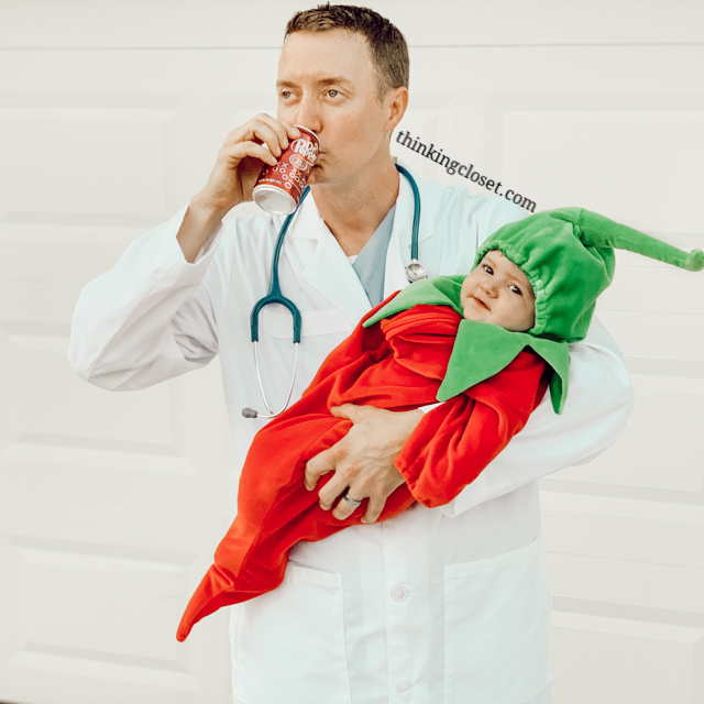 "Dr. Pepper" Punny Halloween Costume for a Dynamic Duo: great for a parent & baby or a couple! Here's the inside scoop on our 8th annual creative punny Halloween costumes...including our other duo, "Hawaiian Punch." Also, check out our punny Halloween costumes from the past 7 years! So many groan-worthy costume ideas.