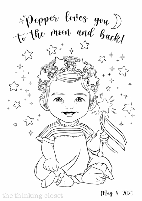 Custom coloring page party favor for a first birthday party! This works great for in-person and virtual events. | A "Twinkle Twinkle Little Star" 1st Birthday Party, inspired by our favorite baby lullaby. DIY party ideas for a dazzling celebration for your shining star's first birthday or baby shower! via thinkingcloset.com