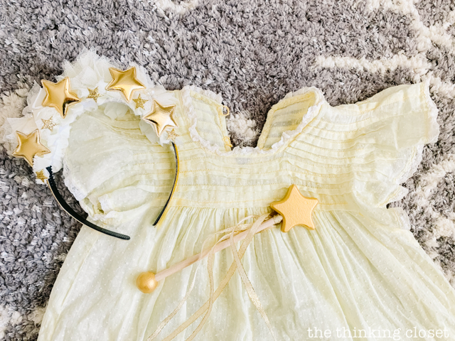 Star floral crown, gold wooden star wand, and vintage yellow dress for the birthday girl! | A "Twinkle Twinkle Little Star" 1st Birthday Party, inspired by our favorite baby lullaby. DIY party ideas for a dazzling celebration for your shining star's first birthday or baby shower!
