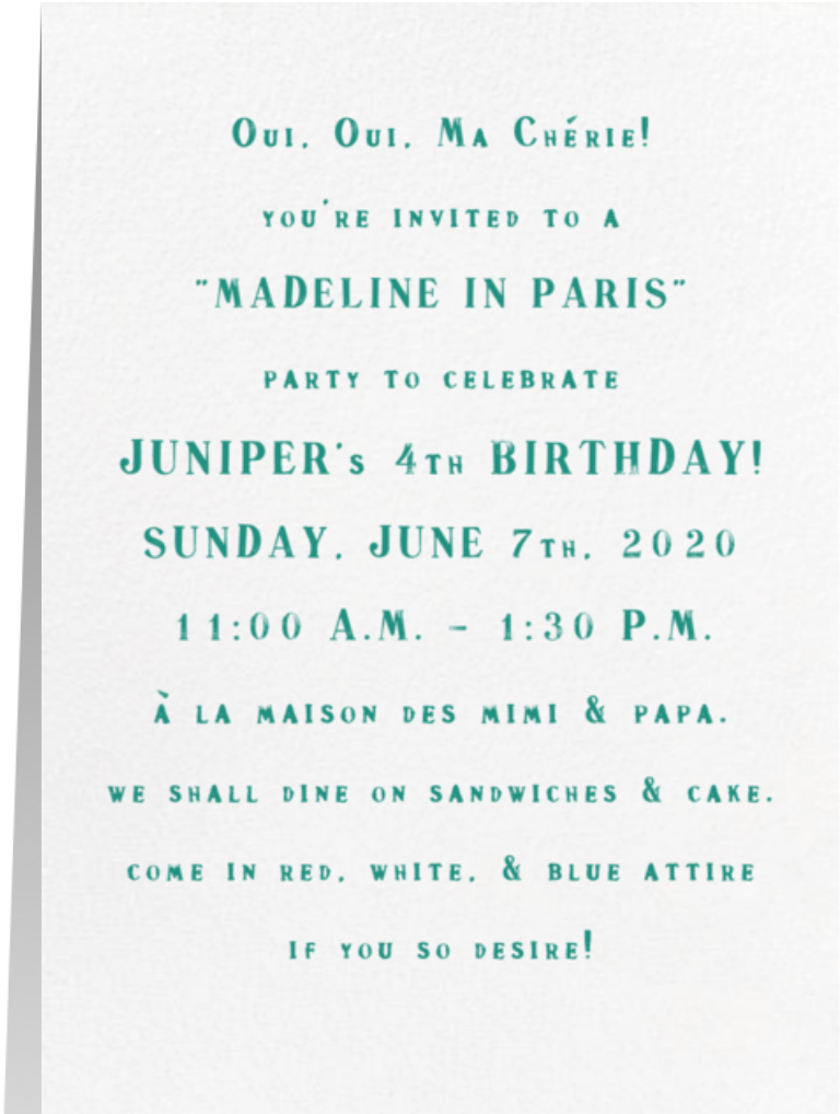 Juniper's "Madeline in Paris" 4th Birthday Party! Creative DIY Ideas via thinkingcloset.com - I love how we can send digital cards snail-mail style with Paperless Post!