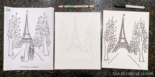 Each party guest got to paint their own art canvas at The Louvre. Each canvas featured a classic scene from Madeline (pre-selected by the kids), and they each got to take home their masterpiece as a party favor! | How to host a "Madeline In Paris"-themed 4th birthday party at home with creative DIY party activities, French decor, and costumes inspired by the classic Madeline children's books via ThinkingCloset.com