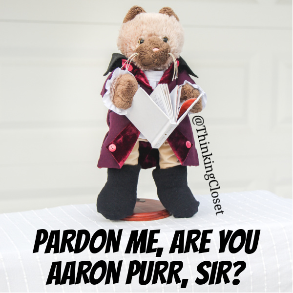 "Pardon me, are you Aaron Purr, Sir" - Isn't he claw-some? | "HamilPUNS" Family Punny Halloween Costumes & Hamilton Musical Parody Videos! We were "not throwing away our shot" at Hamilton Musical inspired costumes for our 9th Annual Lanker Family Punny Halloween. Get ready to meet Alexander Camelton, Aaron Purr (sir), Angelicat, Owliza, and Piggy, too... The Schuyler Sisters! A HamilTON of fun for the whole pun-loving, musical-theatre-obsessed family! via thinkingcloset.com