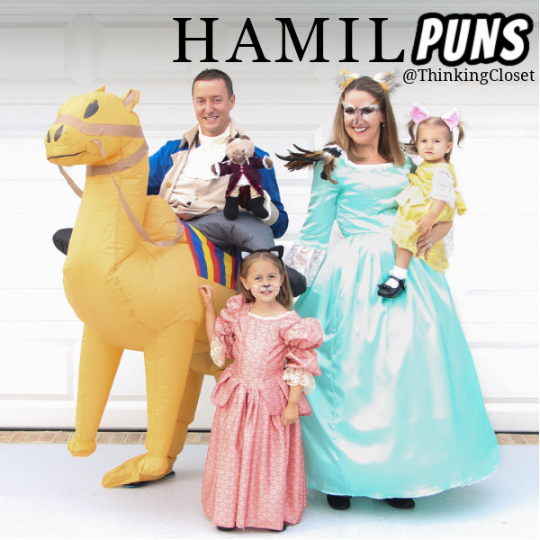 "HamilPUNS" Family Punny Halloween Costumes & Hamilton Musical Parody Videos! We were "not throwing away our shot" at Hamilton Musical inspired costumes for our 9th Annual Lanker Family Punny Halloween. Get ready to meet Alexander Camelton, Aaron Purr (sir), Angelicat, Owliza, and Piggy, too... The Schuyler Sisters! A HamilTON of fun for the whole pun-loving, musical-theatre-obsessed family! via thinkingcloset.com