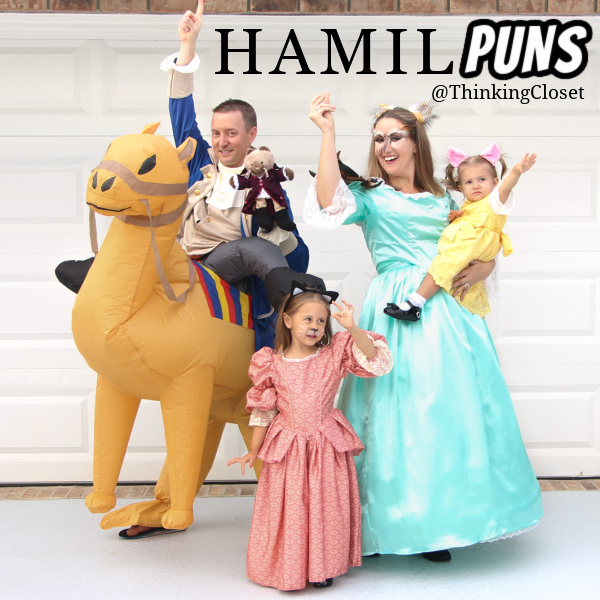 "HamilPUNS" Family Punny Halloween Costumes & Hamilton Musical Parody Videos! We were "not throwing away our shot" at Hamilton Musical inspired costumes for our 9th Annual Lanker Family Punny Halloween. Get ready to meet Alexander Camelton, Aaron Purr (sir), Angelicat, Owliza, and Piggy, too... The Schuyler Sisters! A HamilTON of fun for the whole pun-loving, musical-theatre-obsessed family! via thinkingcloset.com