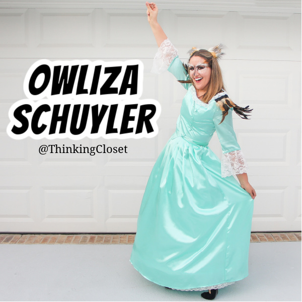 Owliza Schuyler A.K.A. Eliza Schuyler Hamilton with a punny owl twist! Isn't it OWL-some? | "HamilPUNS" Family Punny Halloween Costumes & Hamilton Musical Parody Videos! We were "not throwing away our shot" at Hamilton Musical inspired costumes for our 9th Annual Lanker Family Punny Halloween. Get ready to meet Alexander Camelton, Aaron Purr (sir), Angelicat, Owliza, and Piggy, too... The Schuyler Sisters! A HamilTON of fun for the whole pun-loving, musical-theatre-obsessed family! via thinkingcloset.com