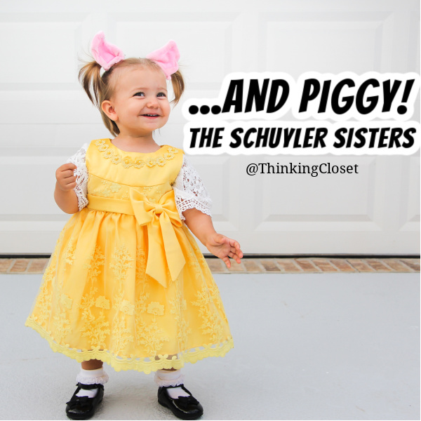 "...and Piggy! The Schuyler Sisters" - Peggy Schuyler with a piglet twist! Such a sweet, hilarious, punny costume for a baby or toddler! | "HamilPUNS" Family Punny Halloween Costumes & Hamilton Musical Parody Videos! We were "not throwing away our shot" at Hamilton Musical inspired costumes for our 9th Annual Lanker Family Punny Halloween. Get ready to meet Alexander Camelton, Aaron Purr (sir), Angelicat, Owliza, and Piggy, too... The Schuyler Sisters! A HamilTON of fun for the whole pun-loving, musical-theatre-obsessed family! via thinkingcloset.com