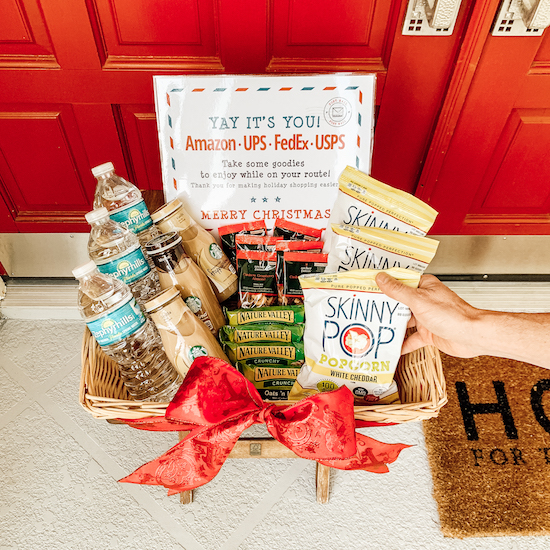 Delivery Drivers Holiday Treats Station | Video & photo tutorial for how to set up a Holiday Treats Station on your porch with snacks & drinks for your neighborhood delivery drivers & U.S.P.S. workers. A simple way to make someone's day & show gratitude to our essential workers this Christmas season!