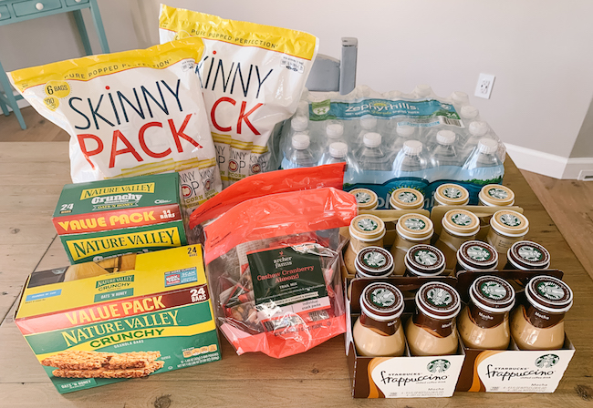 Gathering snack and drink supplies for our Delivery Drivers Holiday Treats Station | Video & photo tutorial for how to set up a Holiday Treats Station on your porch with snacks & drinks for your neighborhood delivery drivers & U.S.P.S. workers. A simple way to make someone's day & show gratitude to our essential workers this Christmas season!