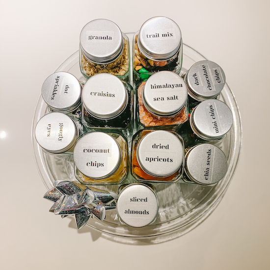 Labeled topping jars for "Mark's Turntable of Toppings": Creative Gift Idea | A step-by-step video & photo tutorial of how I created "Mark's Turntable of Toppings"–a creative birthday or Christmas gift idea adaptable for any lover of sprinkles, spices, and salad toppings...or lazy susans!