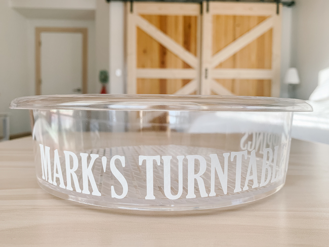 Custom vinyl label for "Mark's Turntable of Toppings": Creative Gift Idea | A step-by-step video & photo tutorial of how I created "Mark's Turntable of Toppings"–a creative birthday or Christmas gift idea adaptable for any lover of sprinkles, spices, and salad toppings...or lazy susans!