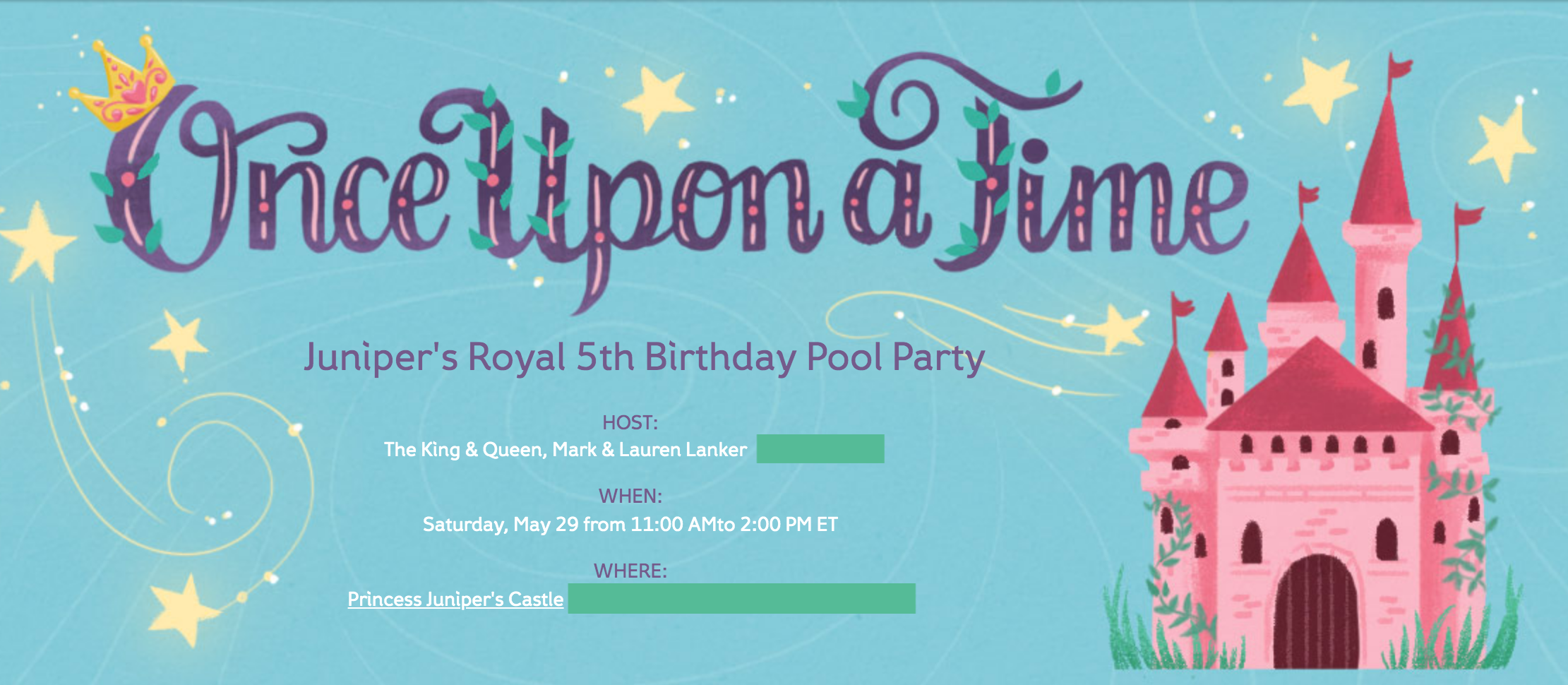 Juniper's "Princesses & Knights" 5th Birthday Pool Party & Royal Golden Birthday Celebration | Creative party ideas via thinkingcloset.com - I love putting my own creative touch on Evites with punny party details!