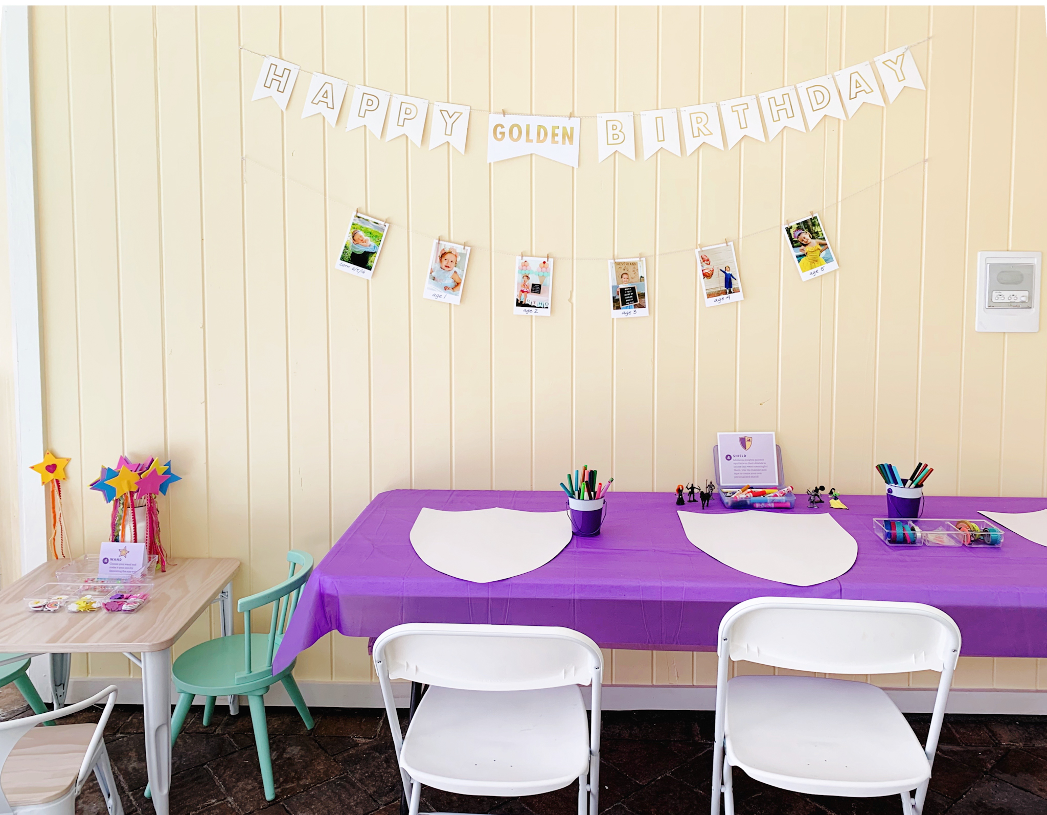 Juniper's "Princesses & Knights" 5th Birthday Pool Party & Royal Golden Birthday Celebration | Creative ideas including a punny invitation, DIY castle backdrop, a golden birthday banner, creative activities for kids of all ages & party favors galore! via thinkingcloset.com