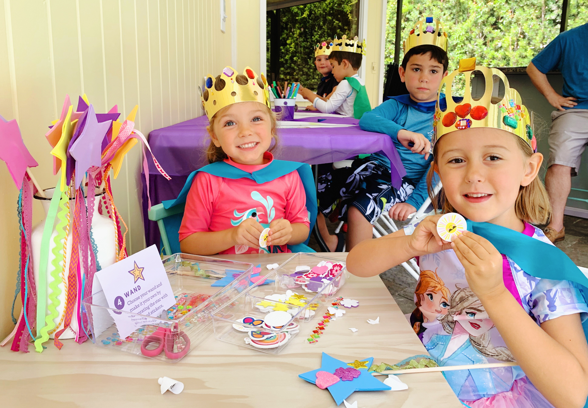 Juniper's "Princesses & Knights" 5th Birthday Pool Party & Royal Golden Birthday Celebration | Creative ideas including a punny invitation, DIY castle backdrop, a golden birthday banner, creative activities for kids of all ages & party favors galore! via thinkingcloset.com
