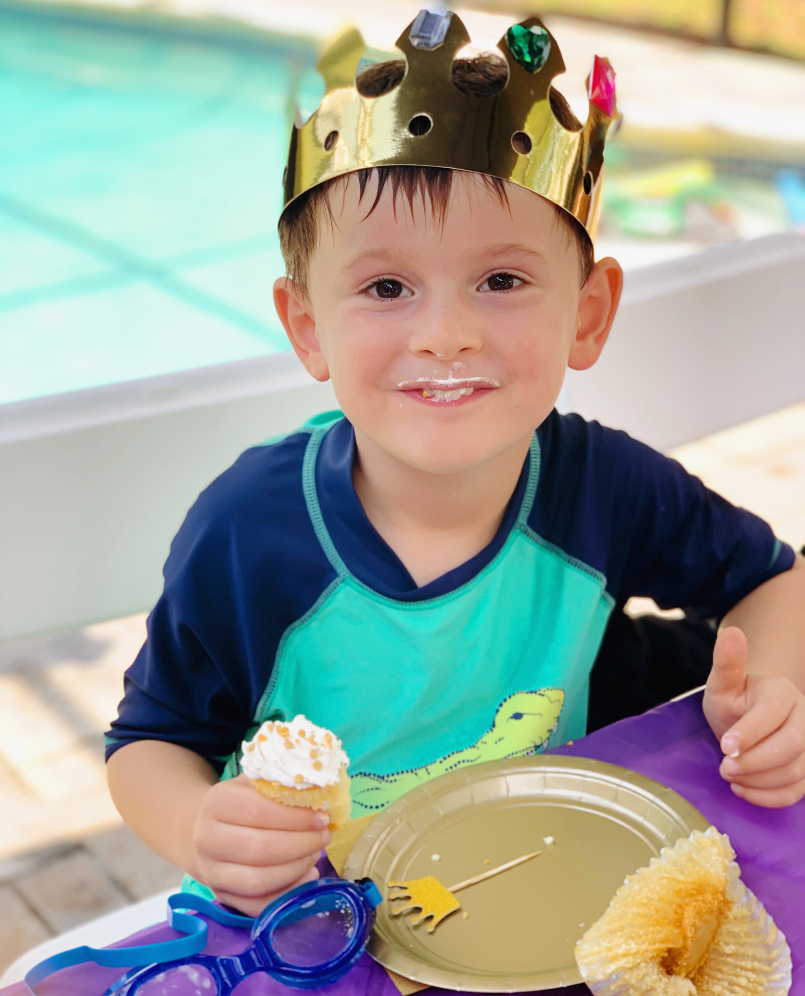 Juniper's "Princesses & Knights" 5th Birthday Pool Party & Royal Golden Birthday Celebration | Creative ideas including a punny invitation, DIY castle backdrop, a golden birthday banner, creative activities for kids of all ages & party favors galore! via thinkingcloset.com