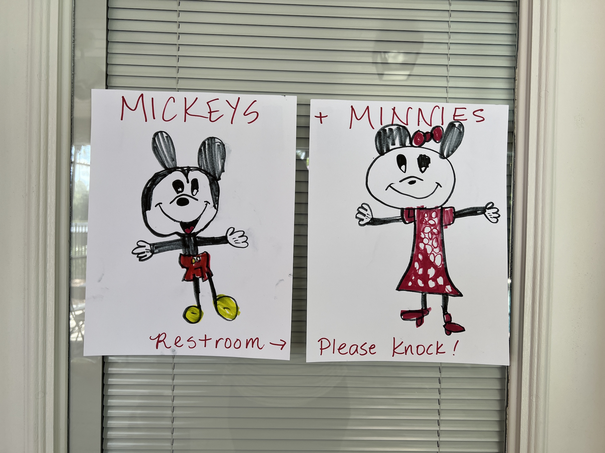 "Mickeys & Minnies" restroom door signs at Pepper's Magical "Mickey & Minnie Mouse" 3rd Birthday Pool Party | Creative ideas for hosting a magical Mickey & Minnie themed birthday bash for your little Mouseketeer with do-able decor, punny snacks, and party games that are fun for all ages! via thinkingcloset.com