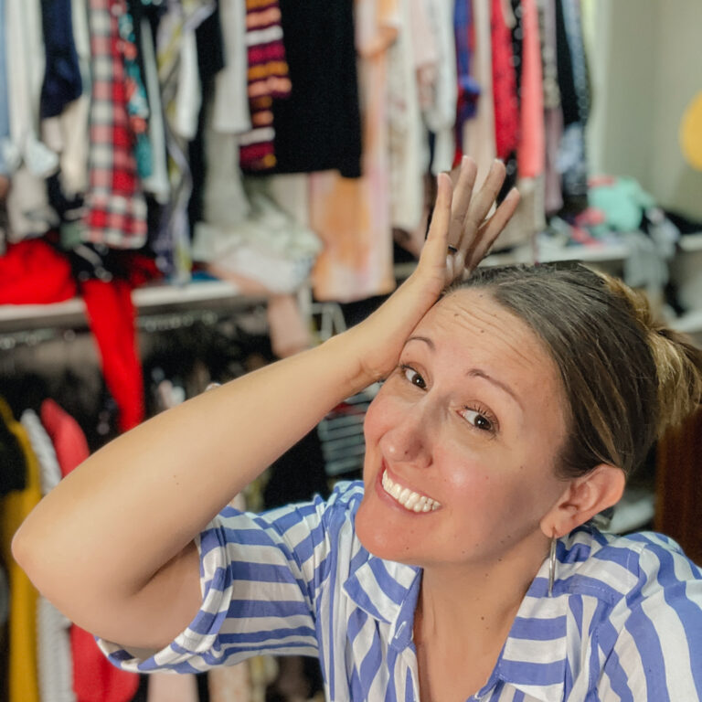 Operation Closet Declutter: how I cut my wardrobe in half, discovered a sustainable alternative to trashing clothes that can't be donated, and transformed my closet from feeling like the most oppressive space in our home to the most peaceful...all in one weekend. If you're feeling overwhelmed by a closet overflowing with clothes, but don't know where to start, my story & "before & after" pics are here to inspire you and jumpstart your own decluttering spree! via Lauren at ThinkingCloset.com