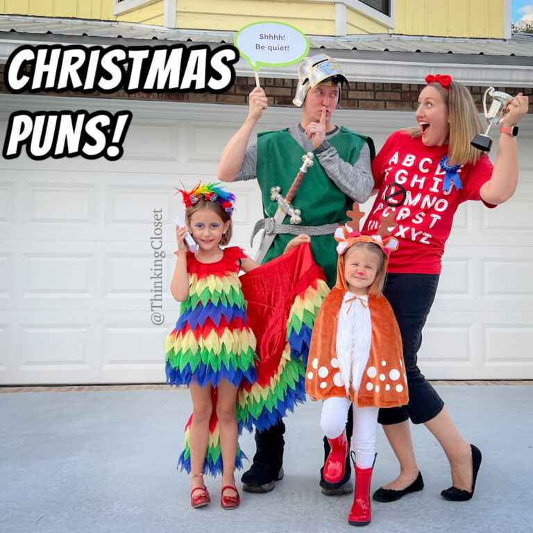 Family Punny Halloween Costumes... Christmas Song Edition! Introducing "Rudolph the Red-Nosed RAIN Deer," "Four Calling Birds," "The 1st No L," and "Silent Knight!" We have Christmas spirit from our heads down to our mistletoes! Endless pun-spiration at ThinkingCloset.com.